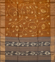 Oil Mustard Handloom Tussar Silk Saree With Printed Vine Motifs-OIL MUSTARD