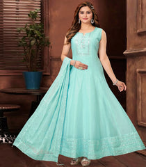 Light Blue Embroidered Anarkali Set-Light Blue-L