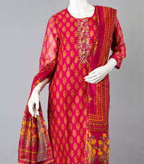 Hot Pink Salwar Set With All Over Floral Print-Hot Pink