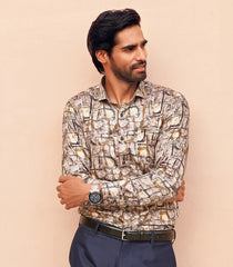 Beige Mens Printed Party Wear Shirt