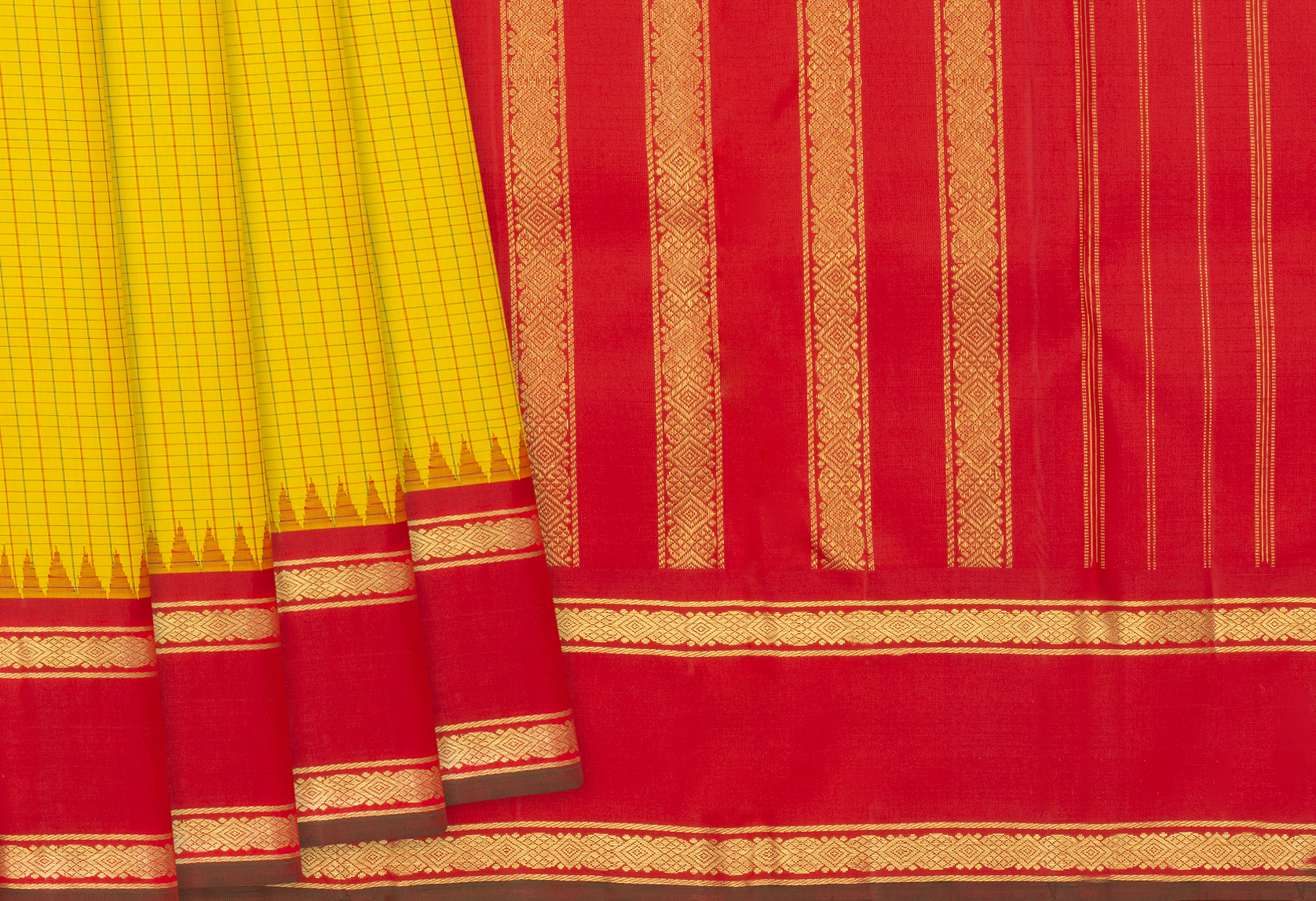 Kuppadam silk cotton saree yellow and red with allover zari checks & 1 –  Cherrypick