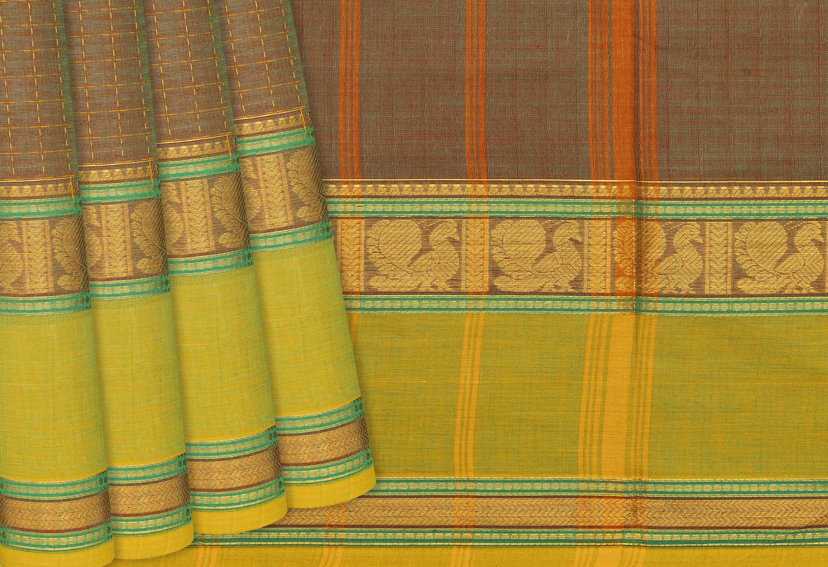 Multi-color checked chettinad cotton saree with buttas, floral border &  pallu of stripes