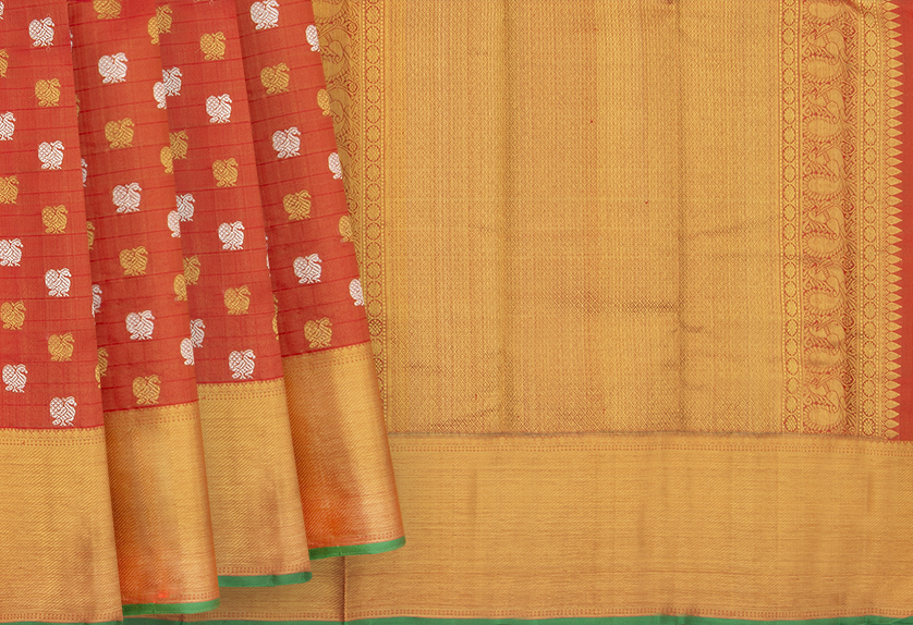 Bottlegreen pochampally Ikkat saree with orange border | Designr.me