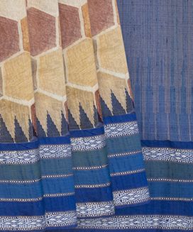 Beige Tussar Gitcha linen Printed Silk Saree With Maroon Border
