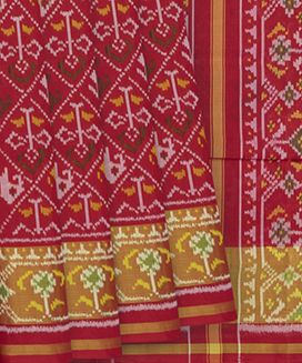 Red Handloom Ikat Silk Saree With Elephant & Bird Motifs