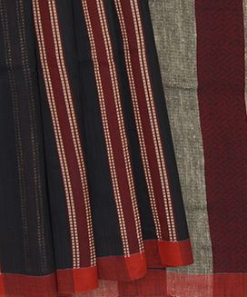 Black Handwoven Bengal Cotton Saree With Stripes & Maroon Pallu
