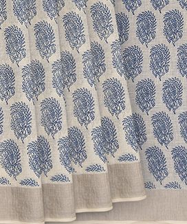 Off White Handwoven Linen Saree With Flower Motifs in Blue Print