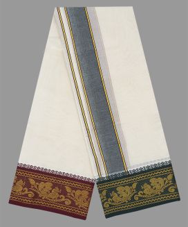 Cream 9 x 5 Cotton Dhoti with Green - Maroon Contrast Fancy Border 
