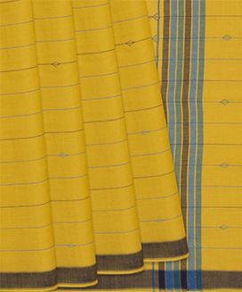 Yellow Handwoven Bengal Cotton Saree With Stripes & Black Border
