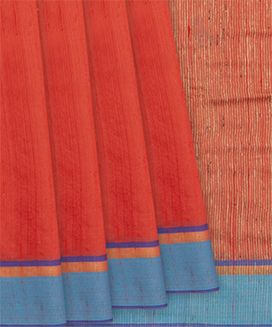 Orange Handwoven Dupion Silk Saree With Blue & Purple Border