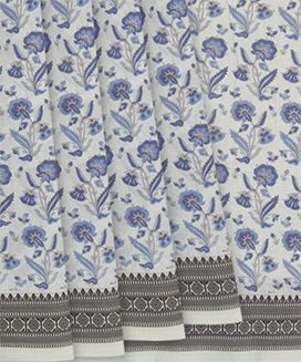 Light Blue Handwoven Bengal Cotton Saree With Flower Motifs & Diamond Chevron Motifs in Border