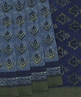 Blue Handloom Printed Chanderi Cotton Saree With Floral Motifs