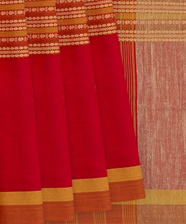Red Handwoven Chanderi Cotton Saree With Rudraksham, Chevron Motifs In Body & Pallu