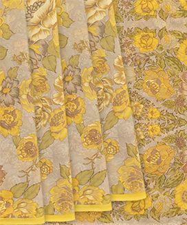 Yellow Crepe Saree With Printed Floral Motifs