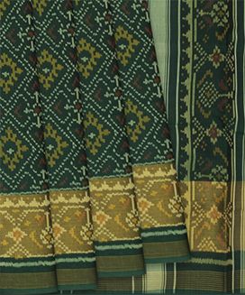 Bottle Green Handloom Ikat Silk Saree With Diamond Floral Motifs