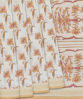 White Chanderi Cotton Printed Saree With Floral Motifs
