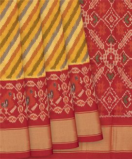 Mustard Handloom Ikat Silk Saree With Diagonal Stripes
