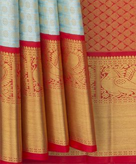 Light-Blue Handwoven Kanchipuram Tissue Saree With Contrast Pallu In Red
