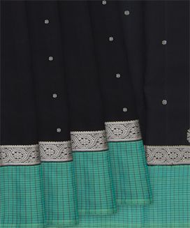 Black  Handwoven Kanchipuram Silk Saree With Silver Zari Kamalam Motifs