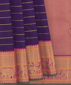 Violet Handwoven Kanchipuram Silk Saree With Zari stripes