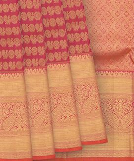 Pink handwoven Kanchipuram silk Saree with Annam chakram motifs