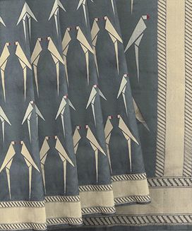 Grey Handwoven Benarasi Silk Saree With Bird Motifs & Diagonal Stripes in Zari Border