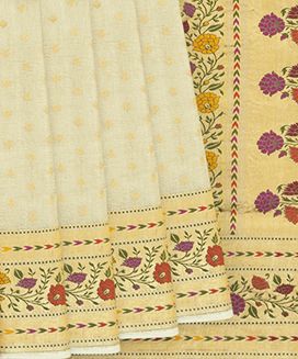 Cream Handwoven Banarasi Silk Saree With Floral Meena Border
