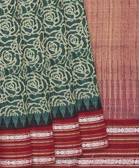 Green Handloom Printed Tussar Silk Saree With Floral Motifs