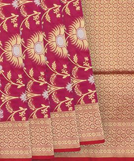 Pink Handwoven Banarasi Silk Saree With Floral Vine Motifs
