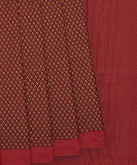 Red Printed Silk Saree With Floral Motifs & Chevron Border