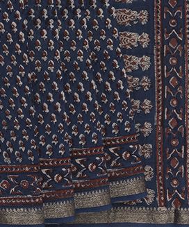 Navy Blue Chanderi Cotton Saree With Printed Floral Motifs
