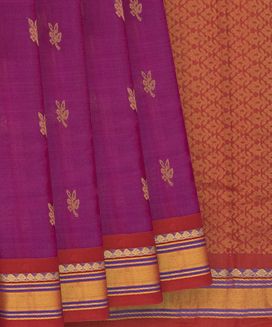 Pink Handloom Gadwal Silk Cotton Saree With Floral Butta & Red Border

