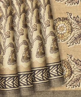 Taupe Woven Blended Tussar Saree With Printed Floral Motifs
