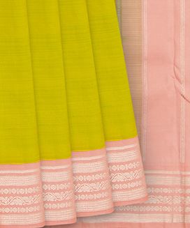 Olive Green Handwoven Kanchipuram Korvai Silk Saree With Elephant Motifs in Contrast Baby Pink Pallu