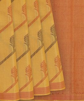 Yellow Hand woven Tussar Silk Saree With Paisley Motifs in Diagonal Stripes & Orange Pallu
