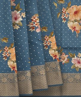 Blue Woven Chiniya Silk Saree With Floral Prints & Diamond Motifs in Border
