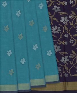Sky Blue Handloom Uppada Silk Saree With Jamdani Navy Pallu
