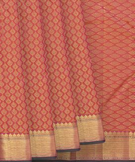 Peach Handwoven Kanchipuram Silk Saree With Floral Motifs & Diagonal Zari Stripes In Borde

