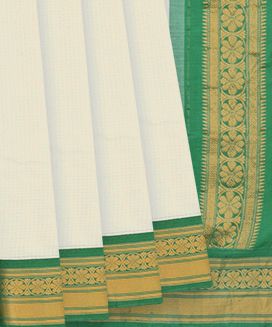 White Handloom Gadwal Cotton Saree With Checks & Green Border

