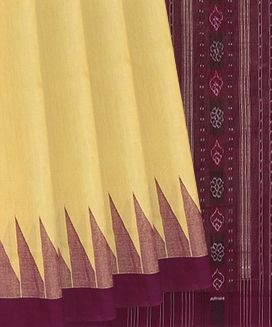 Sandal Handwoven Orissa Cotton Saree With Dotted Stripes In Contrast Maroon Pallu