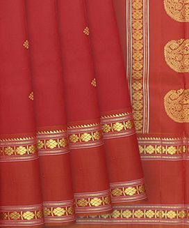 Crimson Handwoven Kanchipuram Silk Saree With Kamalam Butta And Rust Border & Pallu