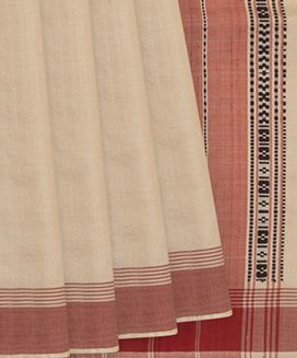 Beige Handwoven Tussar Silk Saree With Plain Body & Red Border With Stripes In Pallu
