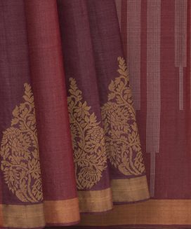 Maroon Handwoven Tussar Silk Saree With Burgundy Stripes & Golden Zari Border
