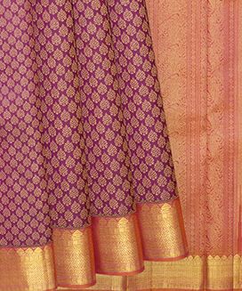 Violet Handwoven Kanchipuram Silk Saree With Flower and Chevron Motifs In Zari Border
