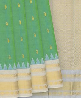 Sea Green Handloom Gadwal Silk Cotton Saree With Cream Border

