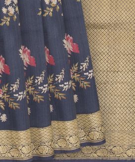 Dark Blue Handwoven Tussar Printed Silk Saree With Vine Motifs in Zari Border & Pallu