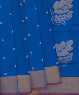 Blue Handloom Uppada Silk Saree With Leaf Motifs in Pallu
