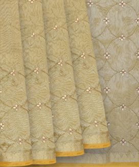 Beige Faux Tissue Embroidered Saree With Floral Jaal Motifs