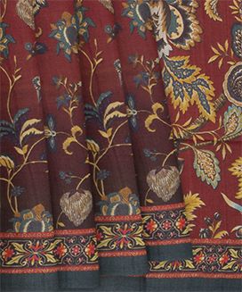 Rust Handwoven Tussar Printed Silk Saree With Floral Vine Motifs