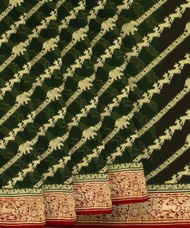 Dark Green Banarasi Khaddi Georgette Saree With Diagonal Stripes
